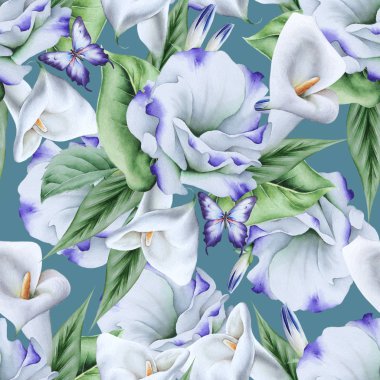 Çiçeklerle parlak dikişsiz desen. Çakır. Eustoma. Suluboya illüstrasyon.