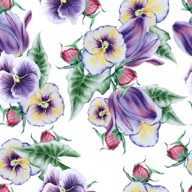 Çiçeklerle parlak dikişsiz desen. Pansies. Tulip. Şakayık. Suluboya illüstrasyon.