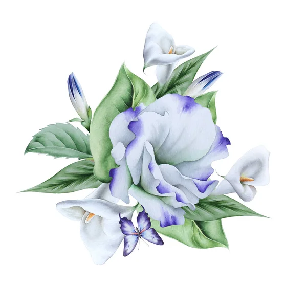 Aquarell Strauß mit Blumen. Illustration. Calla. Eustoma. — Stockfoto