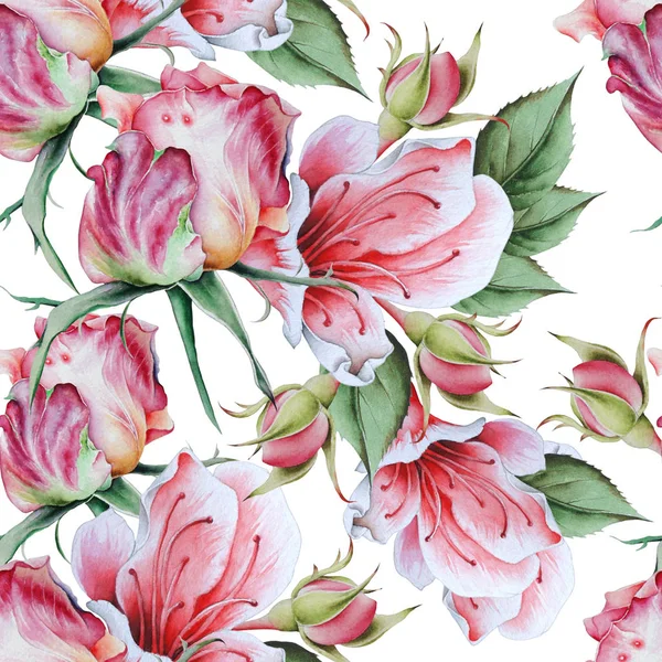 Bright seamless pattern with flowers. Rose. Watercolor illustration. — Stock Photo, Image