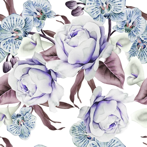 Jasny, bezszwowy wzór z kwiatami. Rose. Orchid. Calla. Ilustracja akwarela. — Zdjęcie stockowe