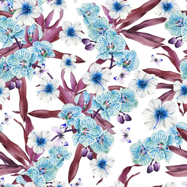 Fényes varratmentes mintázat virágokkal. Hibiszkusz. Orchidea. Pillangó. Akvarell illusztráció. — Stock Fotó