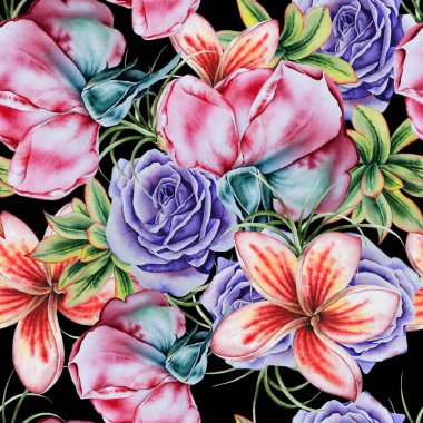 Çiçekler ve sulu ile parlak dikişsiz desen. Suluboya illüstrasyon.