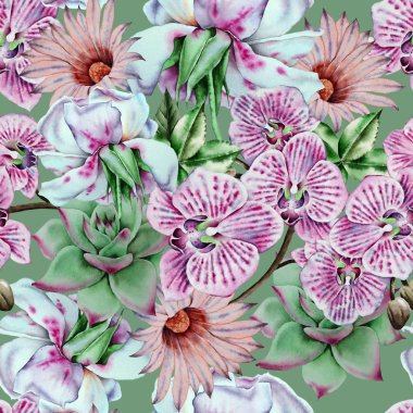 Çiçekler ve sulu ile parlak dikişsiz desen. Suluboya illüstrasyon.