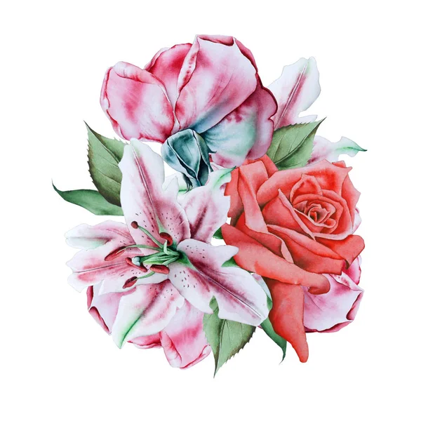 Buquê de aquarela com flores. Ilustração. Rose... Lírio . — Fotografia de Stock