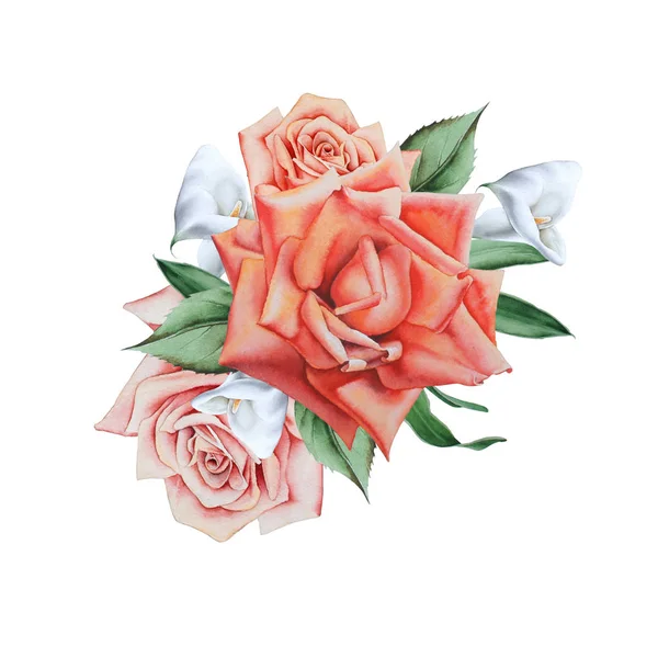 Akvarell bukett med blommor. Illustration. Rose. Calla. — Stockfoto