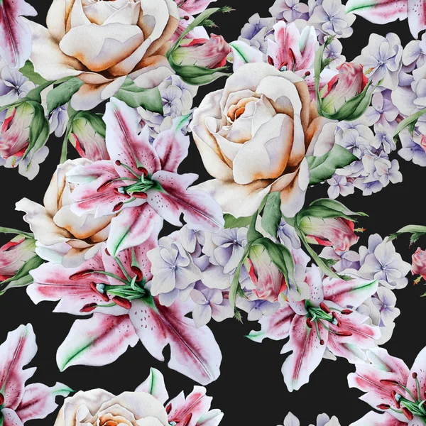 花と明るいシームレスなパターン。水彩イラスト. — ストック写真