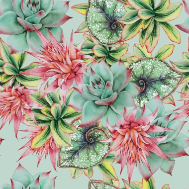 Yaprakları ve sulu ile parlak dikişsiz desen. Suluboya illüstrasyon.