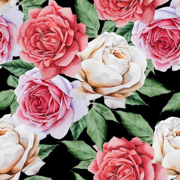 Ljusa sömlösa mönster med blommor. Rose. Akvarell illustration. — Stockfoto