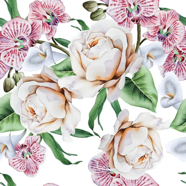 Fényes varratmentes mintázat virágokkal. Rose. Orchidea. Calla. Akvarell illusztráció. — Stock Fotó
