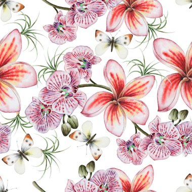 Çiçeklerle parlak dikişsiz desen. Plumeria. Orkide. Kelebek. Suluboya illüstrasyon.
