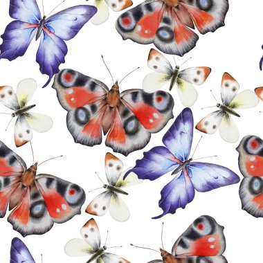Kelebekler ile parlak sorunsuz desen. Suluboya illüstrasyon.