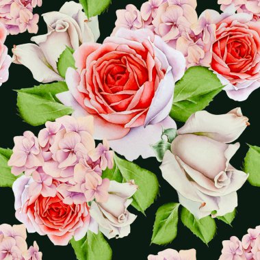 Çiçeklerle parlak dikişsiz desen. Gül, ne kadar. Hydrangea. Suluboya illüstrasyon.