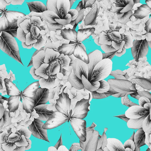 Fényes varratmentes mintázat virágokkal. Crocus. Anemone. Iris. Akvarell illusztráció. — Stock Fotó