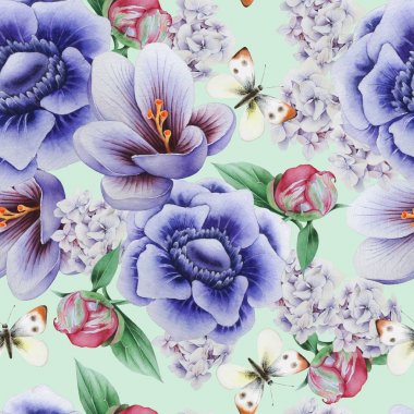 Çiçeklerle parlak dikişsiz desen. Crocus. Anemone. Şakayık. Suluboya illüstrasyon.