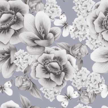 Çiçeklerle dikişsiz desen. Crocus. Anemone. Şakayık. Suluboya illüstrasyon.