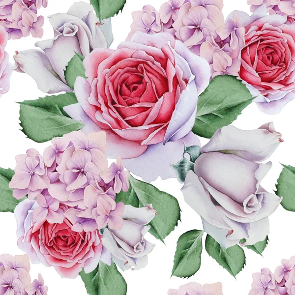 Ljust sömlöst mönster med blommor. Rose. Hortensia. Akvarell illustration. — Stockfoto