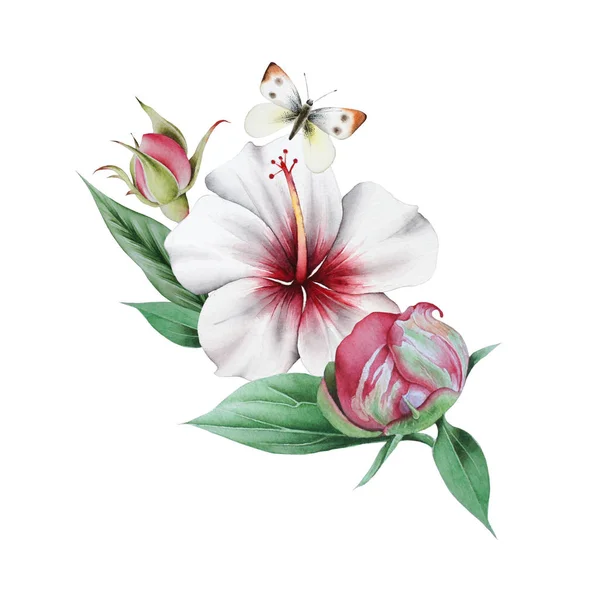 Akvarell csokor virágokkal és pillangók. Illusztráció. — Stock Fotó
