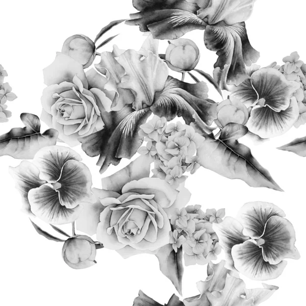 Monokrom sömlösa mönster med blommor. Akvarell illustration. — Stockfoto