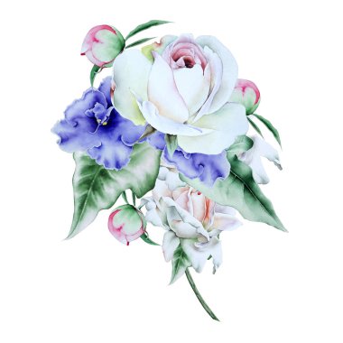 Çiçek ve yaprakları ile suluboya buket. Illüstrasyon.