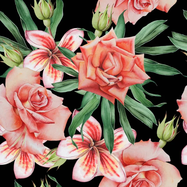 Ljust sömlöst mönster med blommor. Akvarell illustration. — Stockfoto