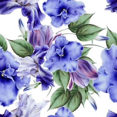 Çiçeklerle parlak dikişsiz desen. Suluboya illüstrasyon. H