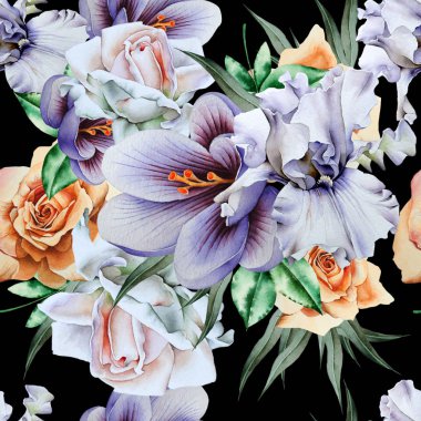 Çiçeklerle parlak dikişsiz desen. ıris. Crocus. Gül, ne kadar. Su