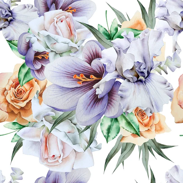 Bright seamless pattern with flowers. Iris. Crocus. Rose. Waterc — Stock Photo, Image