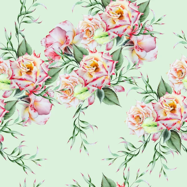 Bright Seamless Pattern Flowers Rose Watercolor Illustration Hand Drawn — Stock Photo, Image