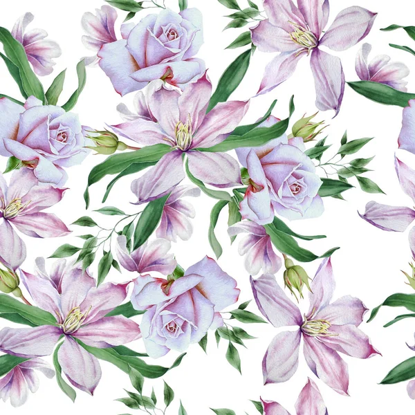 Bright Seamless Pattern Flowers Clematis Rose Hand Drawn — Stock Photo, Image