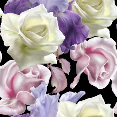 Çiçeklerle kusursuz desen. Gül. İris. Suluboya. El çizimi.