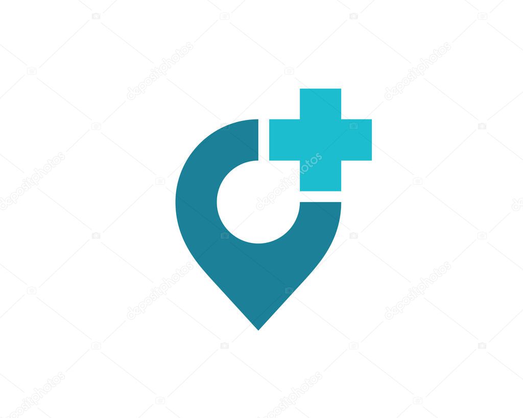 Cross plus geotag or location pin medical logo icon design