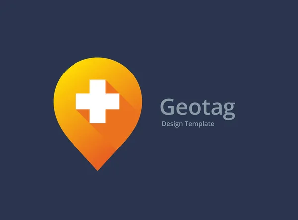 Cruz más geotag o localización pin logotipo médico icono de diseño — Vector de stock