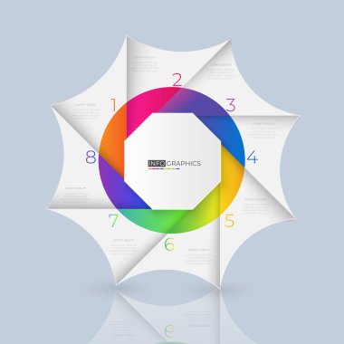 Diyagram sunum şeması ve 8 element seçenekli iş konsepti için Art & Illustration disk bölümü Renk grafiksel origami kağıt rengi bilgi grafik şablonu