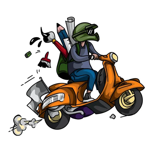 Klasik vektör çizimi, el grafikleri, eski turkuaz scooter. Hadi çizelim.