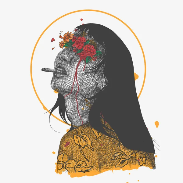 Resim çizimi. Bir kadın üzgün ve kalbi kırık olduğu için ağlar.