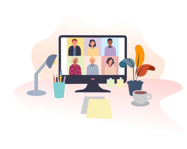 Meslektaşlar bilgisayar ekranında birbirleriyle konuşurlar. Konferans videosu, evden çalışıyor..