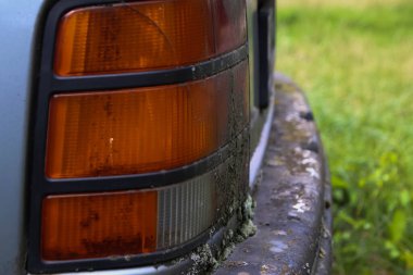 Arka barın yan tarafında ve 80 'lerin eski arabasının yosunlarıyla dolu far var..