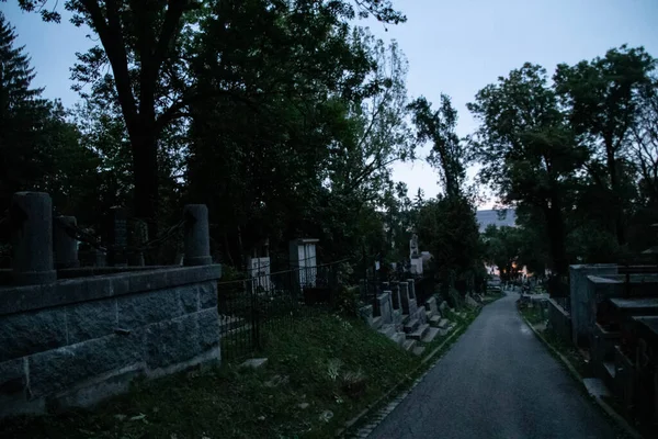 Gruselige Gasse Auf Einem Alten Friedhof Mit Altem Grabstein — Stockfoto