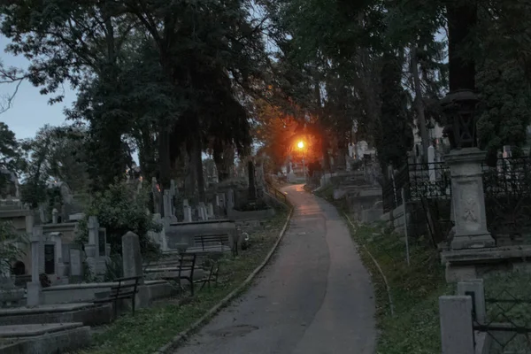 Eine Gruselige Gasse Auf Einem Alten Osteuropäischen Friedhof Abend — Stockfoto