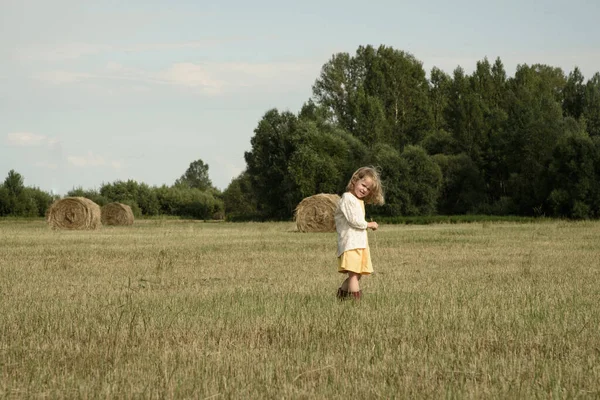 Ein Mädchen im dörflichen Stil steht auf einem Feld mit abgeschrägtem Heu — Stockfoto