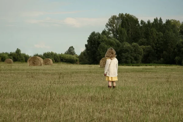 Ein im dörflichen Stil gekleidetes Mädchen steht auf einem Feld mit abgeschrägtem Heu. Blick von hinten. — Stockfoto