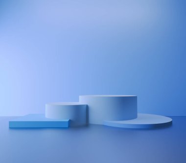 Ürün sunumu ve reklam tasarımı için soyut podyum minimal arkaplan modern boş vitrin geometrik sahne modu rengi, mavi konsept, kopyalama alanı, 3D görüntüleme, illüstrasyon