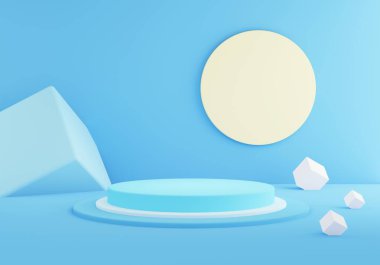 Soyut geometrik boş mavi silindir podyumun pastel renk arka planında 3D görüntülenmesi. Minimum konsept. Reklam için sahne, kozmetik ürünler, vitrin, krem, dergi, moda. Görüntü