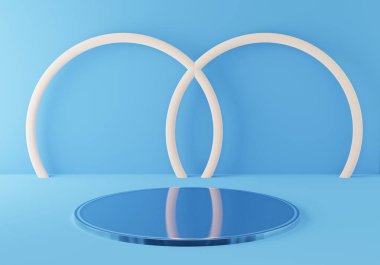 Soyut geometrik boş mavi silindir podyumun pastel renk arka planında 3D görüntülenmesi. Minimum konsept. Reklam için sahne, kozmetik ürünler, vitrin, krem, dergi, moda. Görüntü