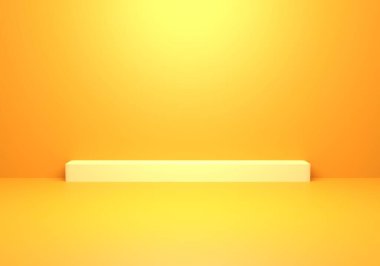 Boş sarı turuncu rengin 3 boyutlu tasviri minimum konsept arka plan. Reklam, kozmetik reklamları, vitrin, pankart, krem, moda, çocuklar, çocuk odası. İllüzyon. Ürün görüntüsü