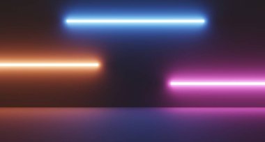 Portakal mavisi neon ışıklı boş bilim kurgu odası soyut karanlık arkaplan teknolojisi konsepti, 3D çizim, illüstrasyon