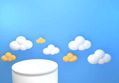 Mavi gökyüzü arka planında kabarık bulutlar olan 3D podyum. Minimum konsept. Reklam için sahne, kozmetik ürünler, vitrin, krem, dergi, moda, yaz, bebek, çocuklar. Görüntü