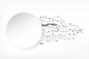 Fütürist devre kartına sahip soyut teknoloji arka planı ve çeşitli elementler dijital modern yenilik. Yüksek teknoloji konsepti. Vektör illüstrasyonu, Çember boş, metin için boşluk