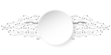 Fütürist devre kartına sahip soyut teknoloji arka planı ve çeşitli elementler dijital modern yenilik. Yüksek teknoloji konsepti. Metin için vektör illüstrasyonu, boşluk